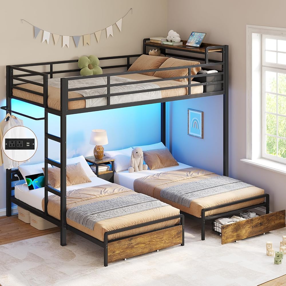 Triple Bunk Bed for Kids with Storage Drawers and Charging Station Twin Over Twin Metal Bunk Bed with Storage Shelves and Box,3 Beds with Guardrails and Ladder, No Box Spring Needed, Black