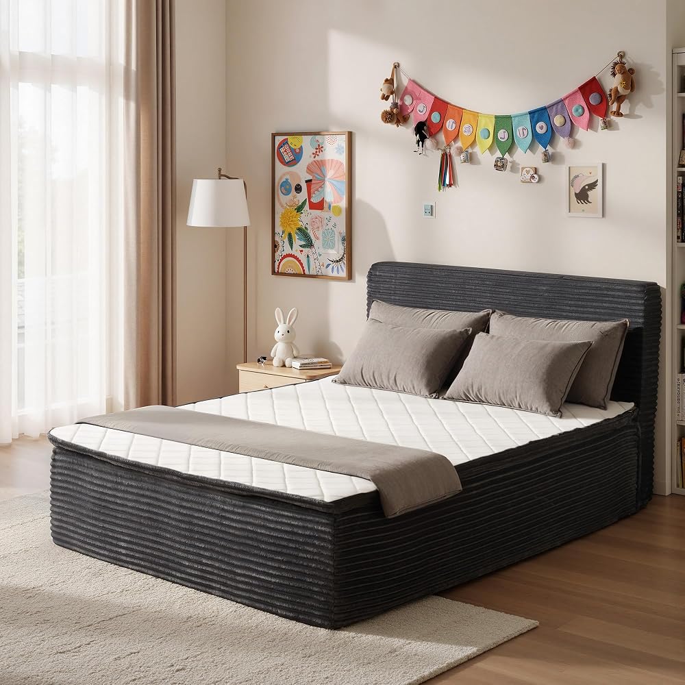 Full Boneless Cloud Bed, Frame & Headboard & Mattress Set, Gray