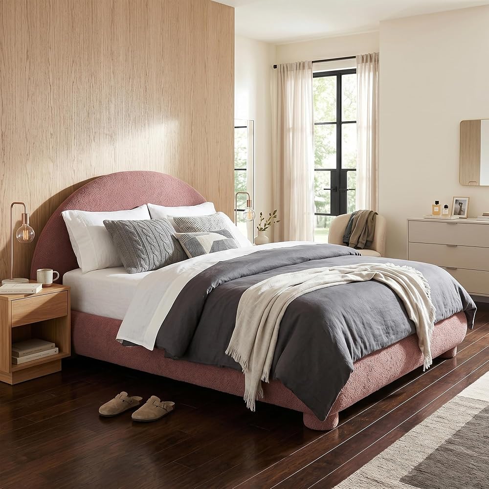 Boucle Upholstered Platform Bed with Arched Headboard, Queen, Red