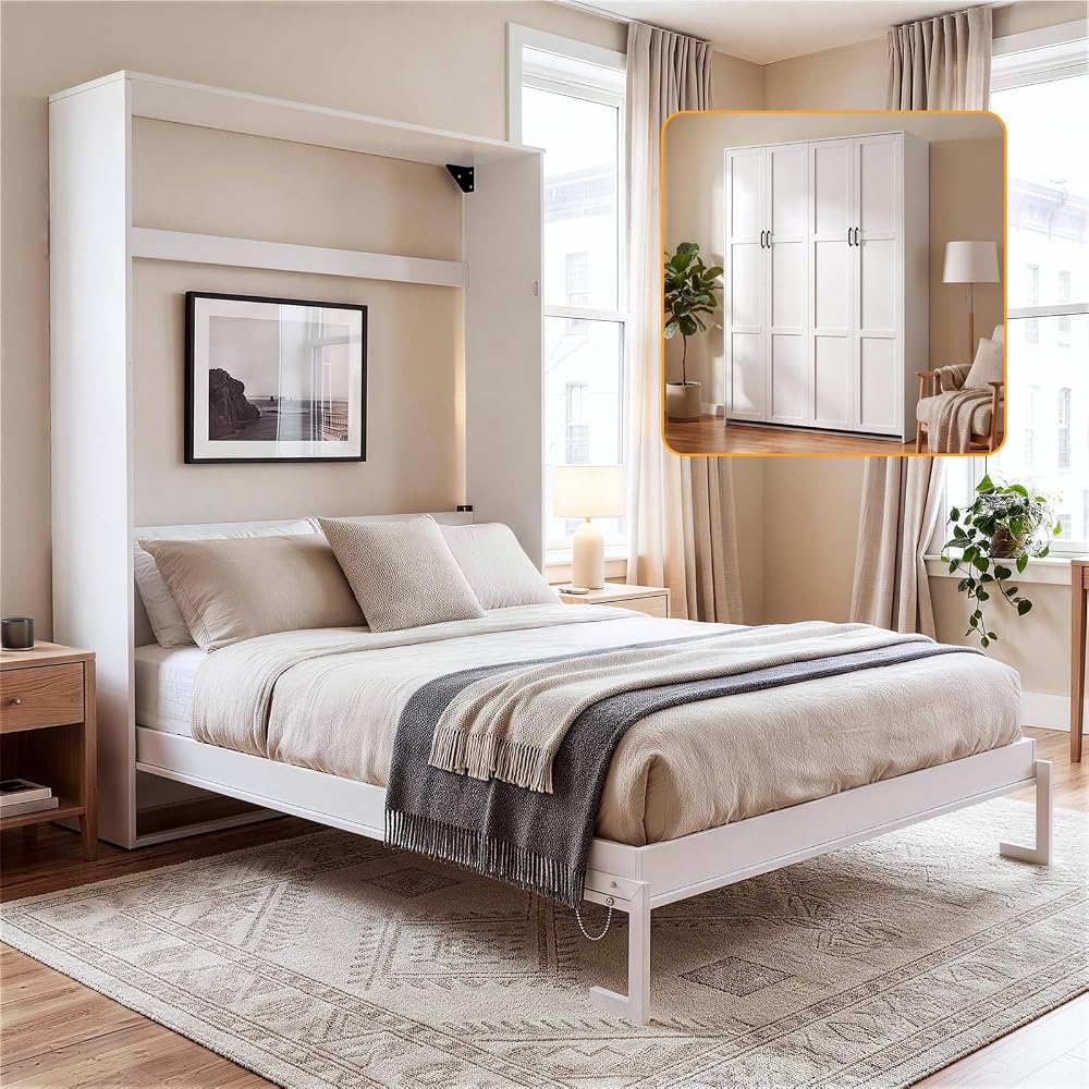 Murphy Bed Full, Murphy Bed Cabinet with Headboard, White