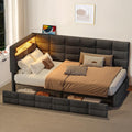 Twin Corner Bed Frame with Storage and Led Lights, Upholstered Daybed Twin Size with Storage Drawers and Charging Station for Living Room,Bedroom (Gray)