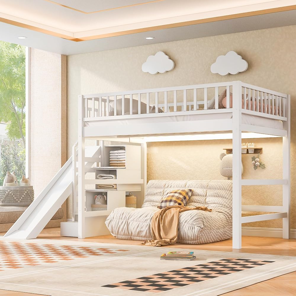 Full Size Loft Bed with Storage Staircase, Slide & LED Light, Wooden Bunk Bed for Bedroom with Built-in Shelves, White