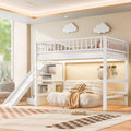 Full Size Loft Bed with Storage Staircase, Slide & LED Light, Wooden Bunk Bed for Bedroom with Built-in Shelves, White