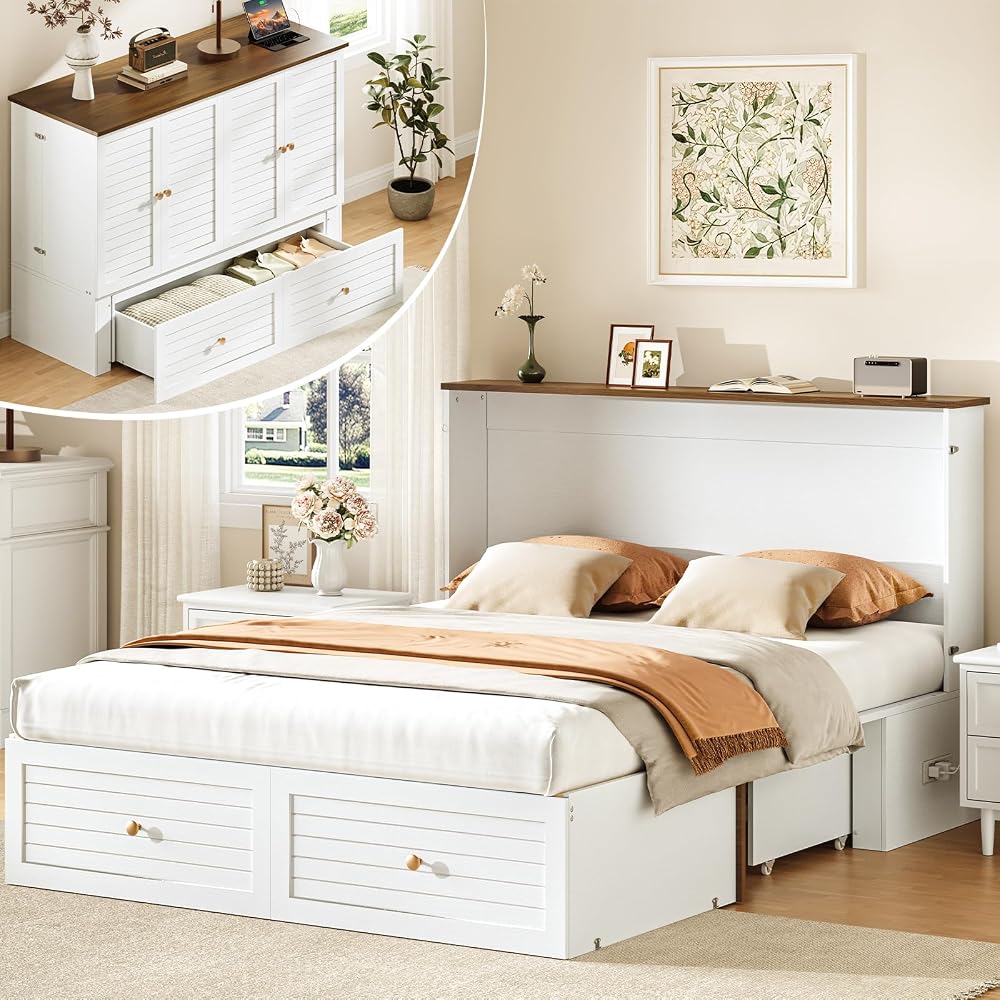 Queen Murphy Bed with Charging Station, Cabinet Beds with Storage
