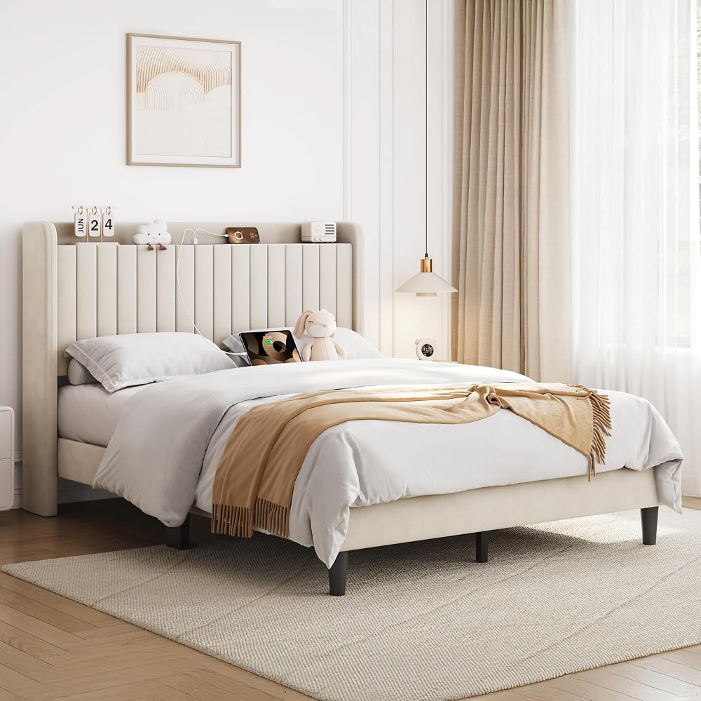 Queen Bed Frame with Channel-Tufted Storage Headboard, Cool Beige