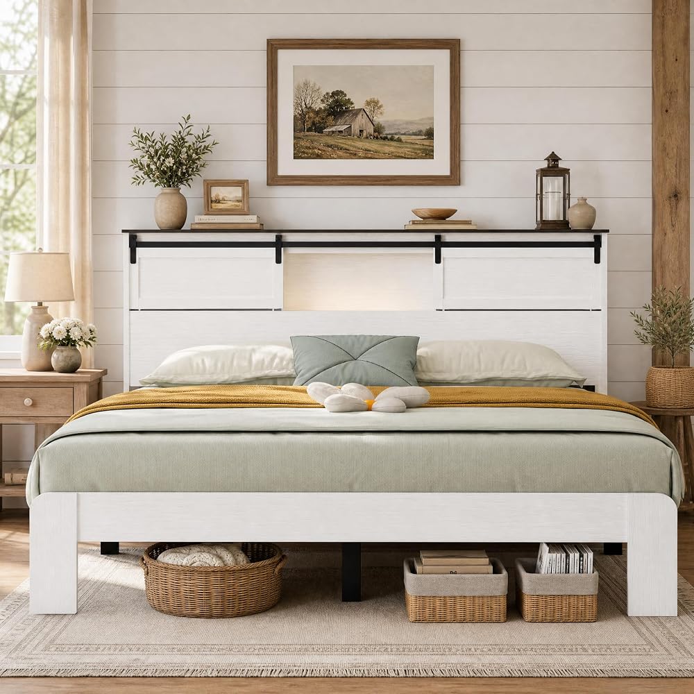 Farmhouse Platform Bed Frame with Storage Headboard and Dual USB Ports