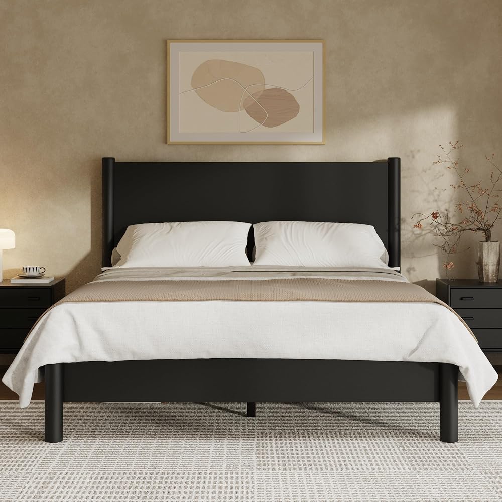 King Size Platform Bed Frame with Wood Headboard, Black