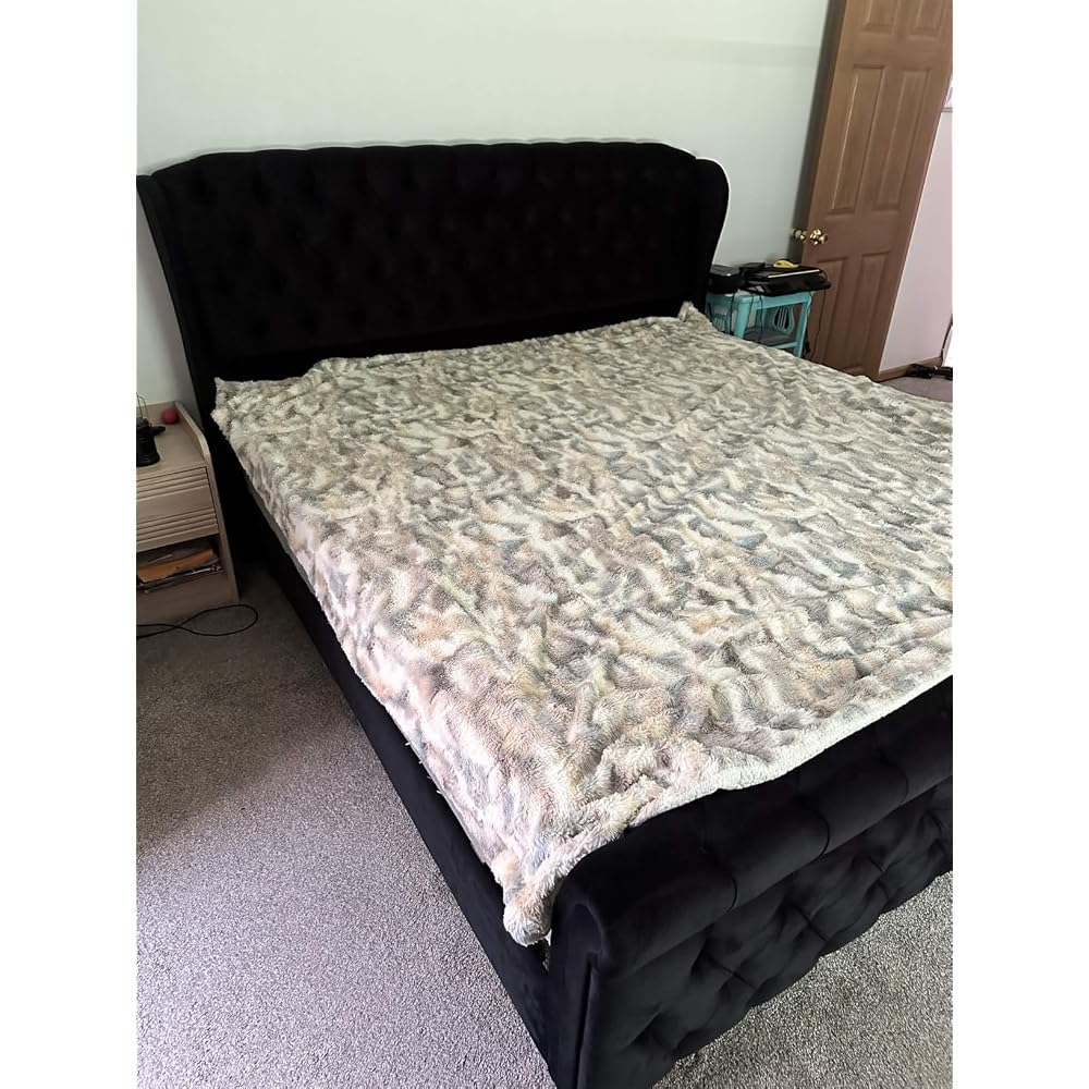 Queen Size Upholstered Sleigh Bed Frame with Wingback Headboard