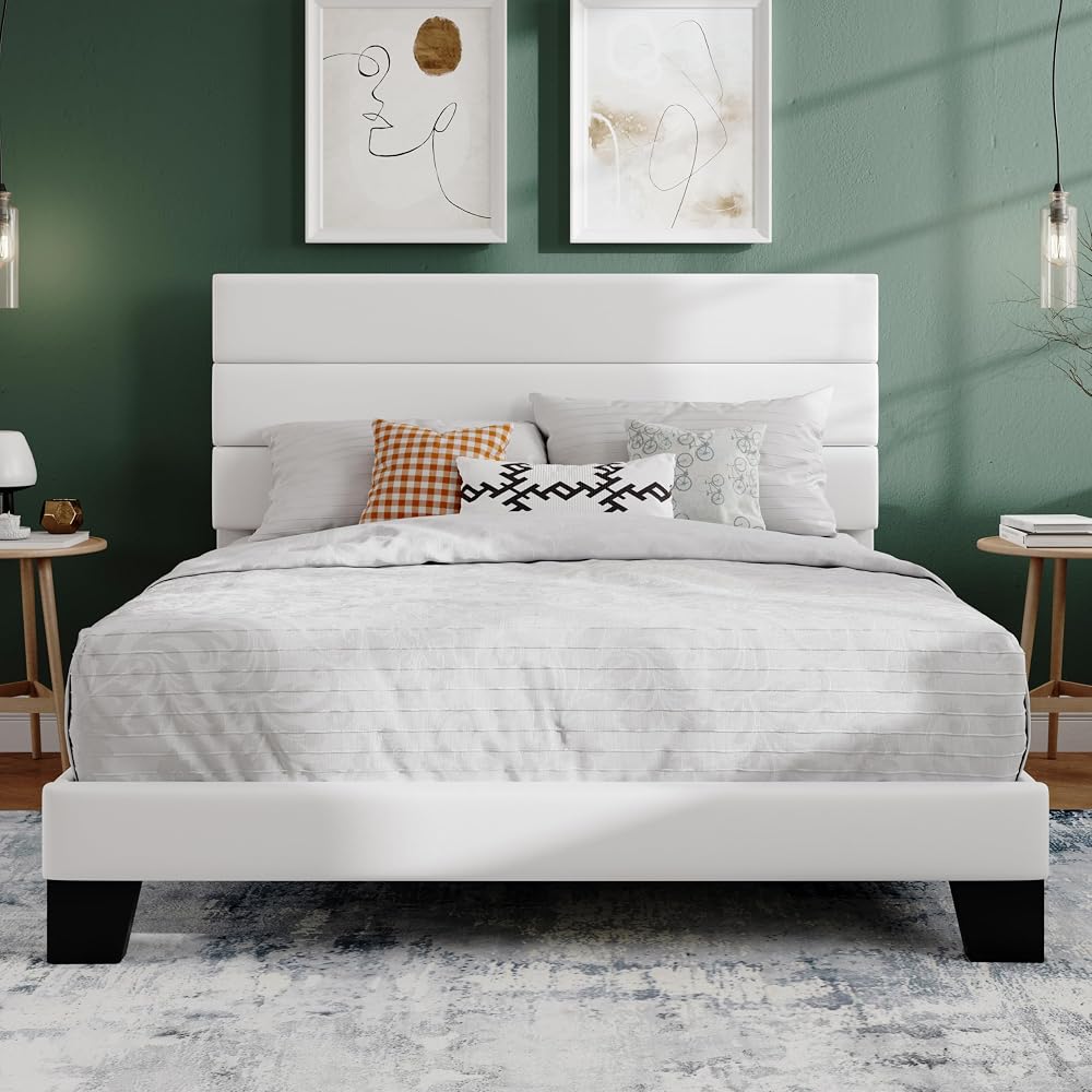 Full Platform Bed Frame with Upholstered Velvet Headboard, White