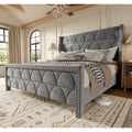 King Size Bed Frame with 56" Headboard - Velvet Upholstered Wingback Platform Bed Frame, Noise Free, Sturdy Wooden Slat Support (Deep Gray, King)