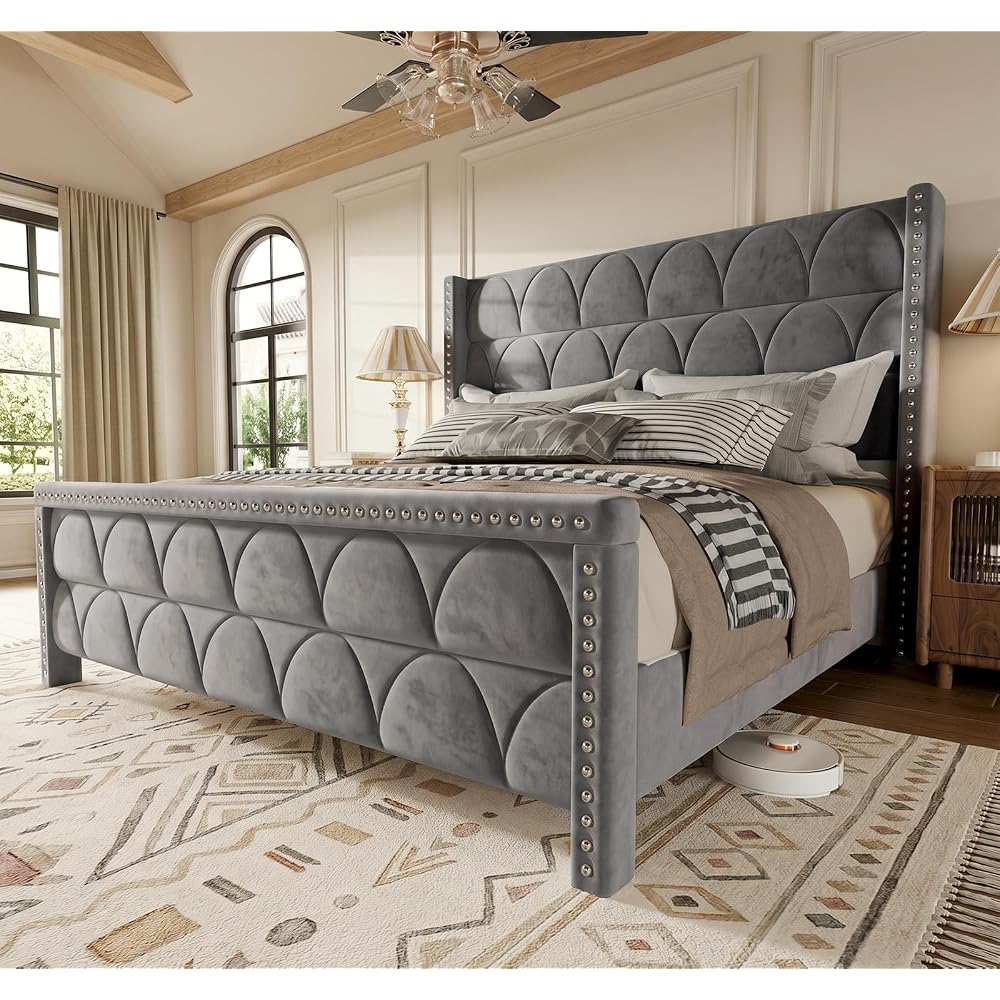 King Size Bed Frame with 56" Headboard - Velvet Upholstered Wingback Platform Bed Frame, Noise Free, Sturdy Wooden Slat Support (Deep Gray, King)