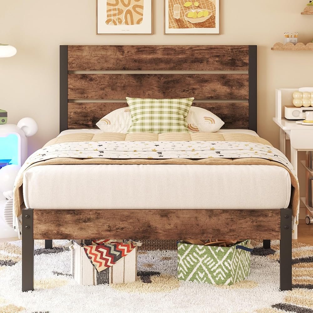 Twin Bed Frame with Headboard and Footboard, Metal Twin Bed Frame with Under Bed Storage, All-Metal Support System, No Box Spring Needed, Easy Assembly,Rustic Brown