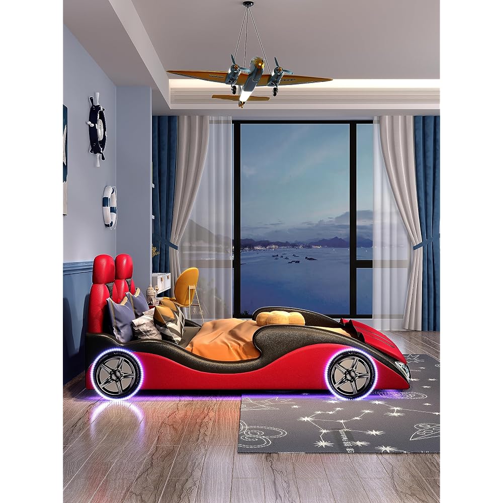 Bed, Sports car Design, Artificial Leather Material, Soft Bed Frame, with Storage Box, can be Separately Equipped with Queen Standard Mattress (red)