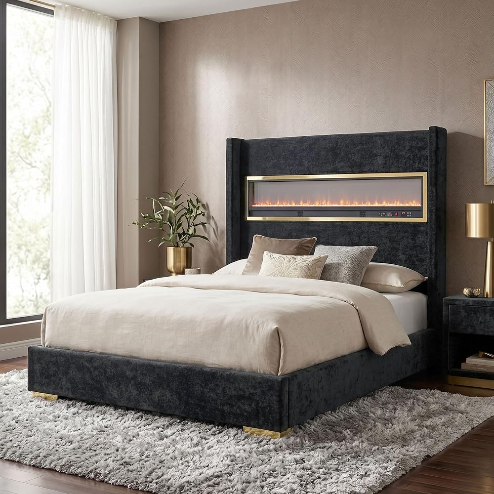 Calliope Modern Boucle Bed Frame with 3D Fireplace Headboard, Bluetooth Speaker and USB Slot, Upholstered Bedframe, No Box Spring Required for Home, Bedroom, Queen, Black