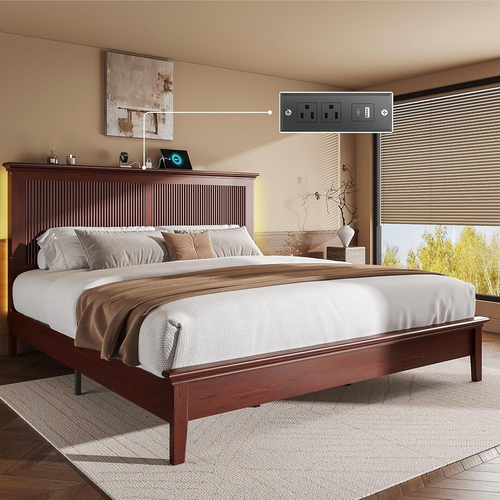 King Bed Frame with Headboard, Solid Wood Bed Frame King Size with Charging Station & RGB LED, Wood Slats Support, Noise-Free, Sturdy Structure, Easy Assembly, Mahogany