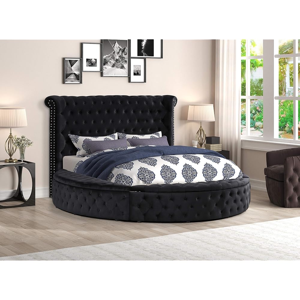 Lexi Round Upholstered Velvet Platform Bed Frame, Black - King