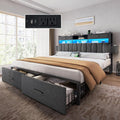 King Size Linen Upholstered Bed with Charging Station & LED Light