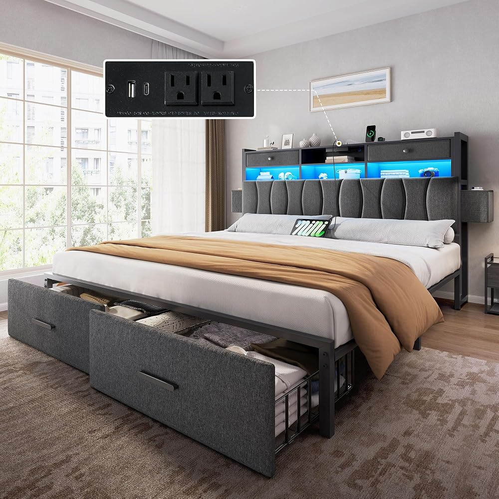 King Size Linen Upholstered Bed with Charging Station & LED Light