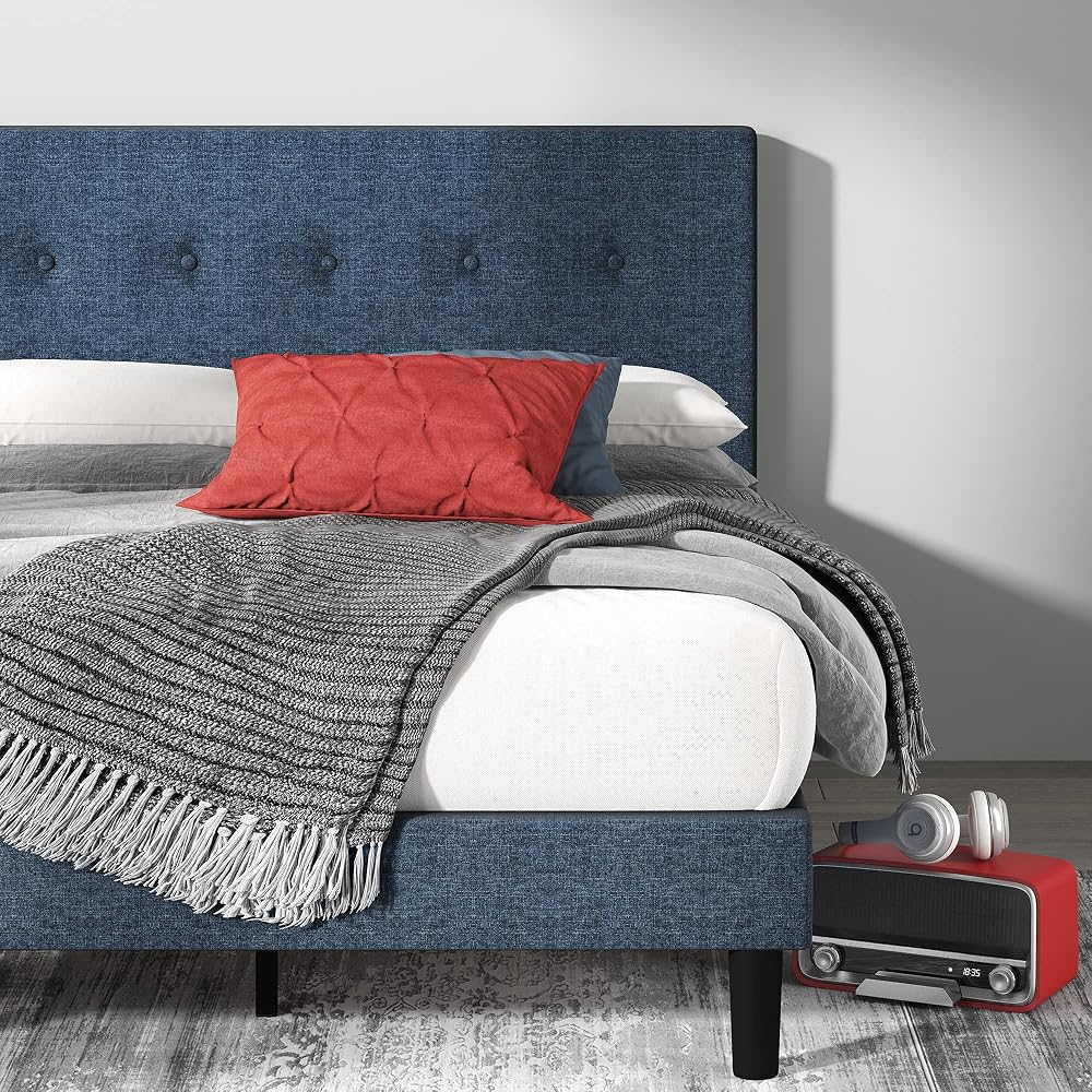 Omkaram Upholstered Platform Bed Frame, Mattress Foundation, Wood Slat Support, No Box Spring Needed, Easy Assembly, Queen