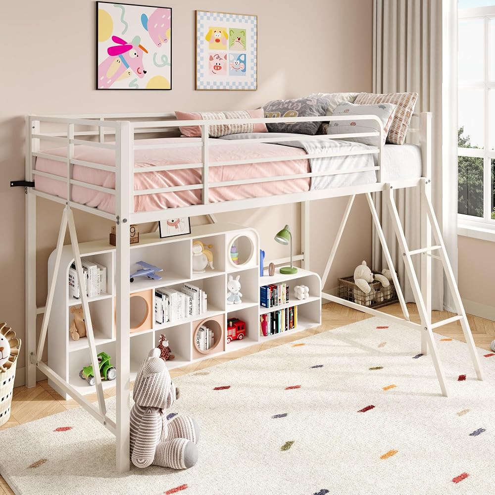 Twin Size Metal Low Loft Bed, CPC Safety Certified, White