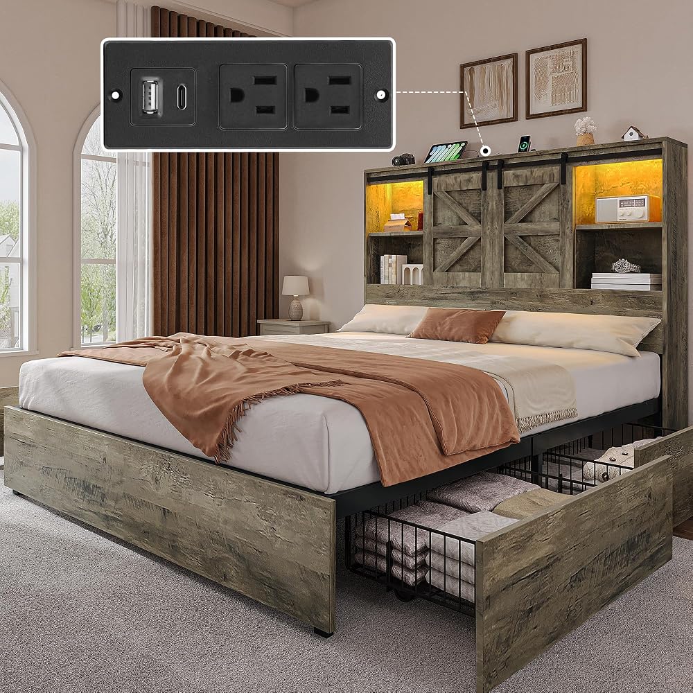 Farmhouse Queen Size Bed with 50" Tall Storage Bookcase Headboard