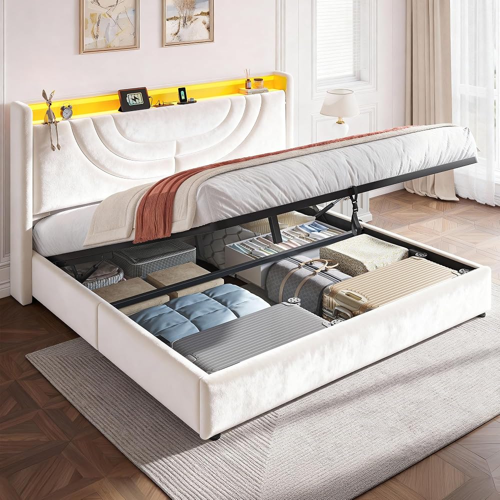 Queen Velvet Lift Up Storage Bed Frame with Charging & LED, Beige
