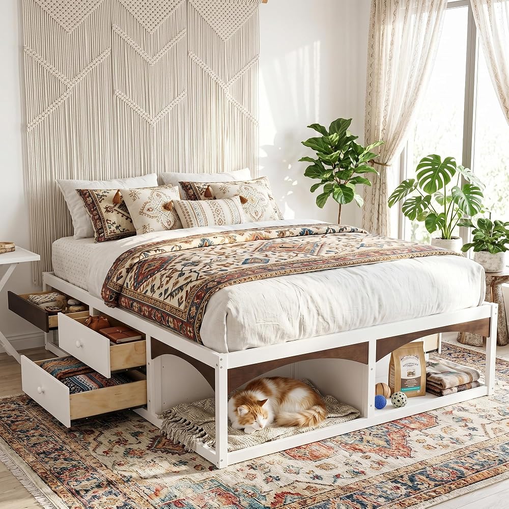 Pet-Friendly Platform Bed Frame, No Headboard Platform Bed, with Storage Drawers, Pet-Friendly Design, King Size, White