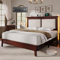 Queen Bed Frame with Headboard, Solid Wood Bed Frame Queen Size with Charging Station & RGB LED, Wood Slats Support, Noise-Free, Sturdy Structure, Easy Assembly, Mahogany