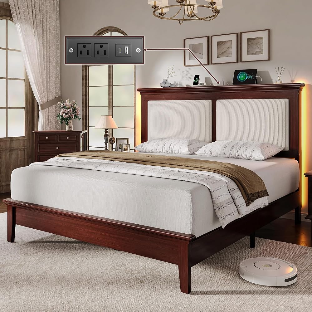Queen Bed Frame with Headboard, Solid Wood Bed Frame Queen Size with Charging Station & RGB LED, Wood Slats Support, Noise-Free, Sturdy Structure, Easy Assembly, Mahogany