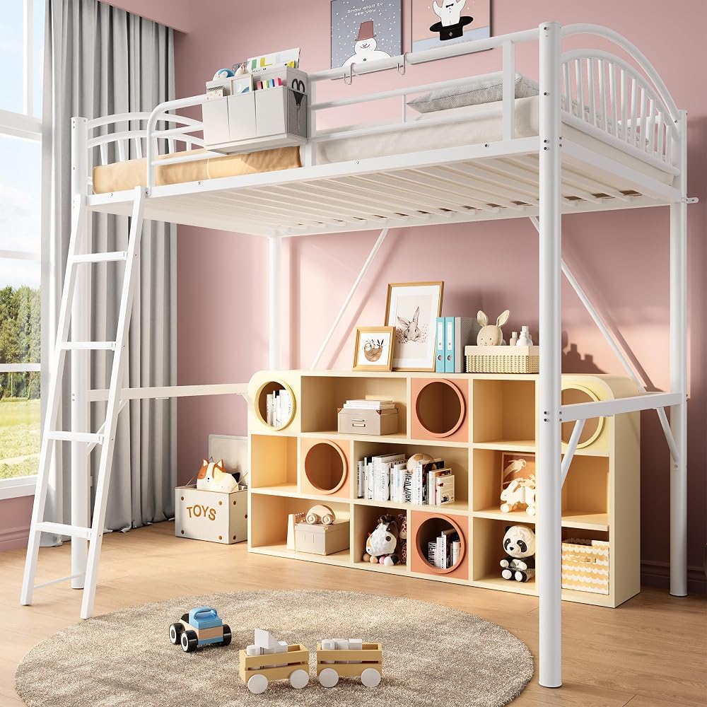 Loft Bed White Twin with Storage Bag, Metal Twin Size Loft Beds for Kids with Convertible Ladder, Safety Guard Rails and Anti-tip Nails for Teenager，Girls or Boys (White)
