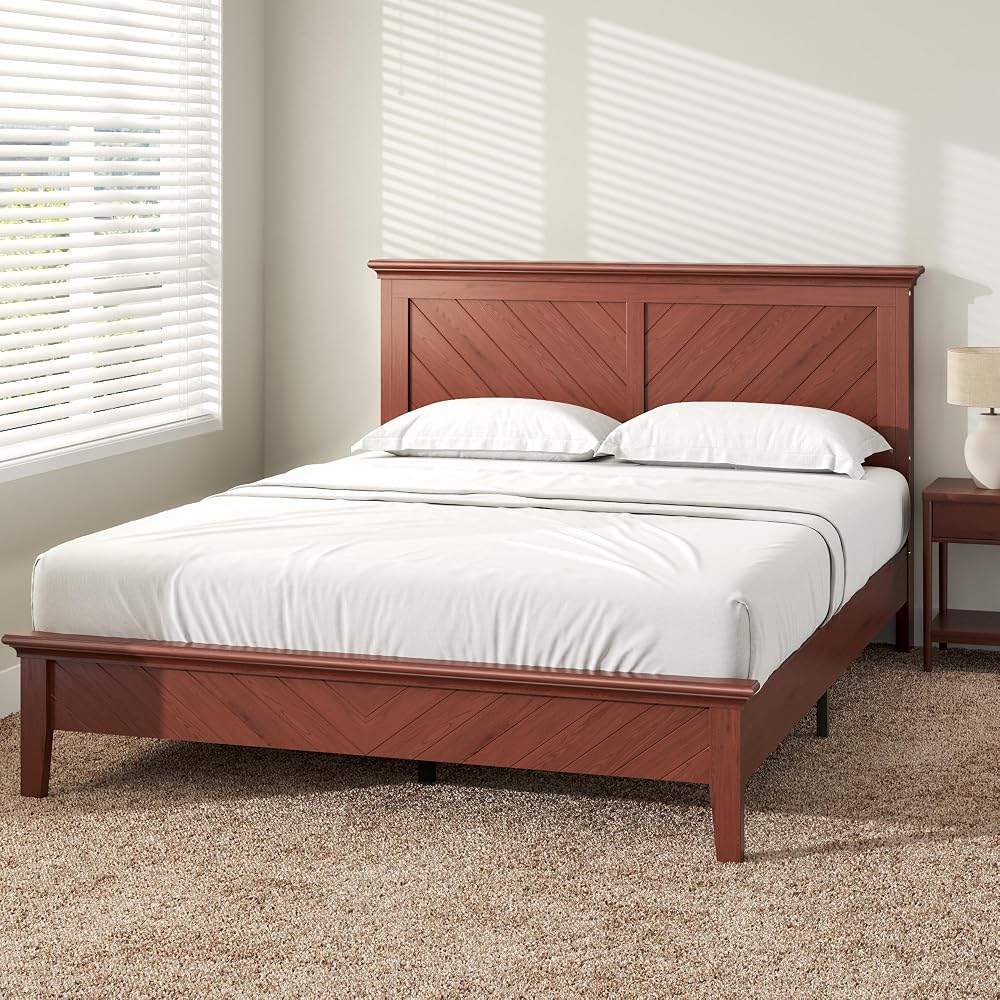 Solid Acacia Wood Queen Bed Frame with Headboard Cherry Finish