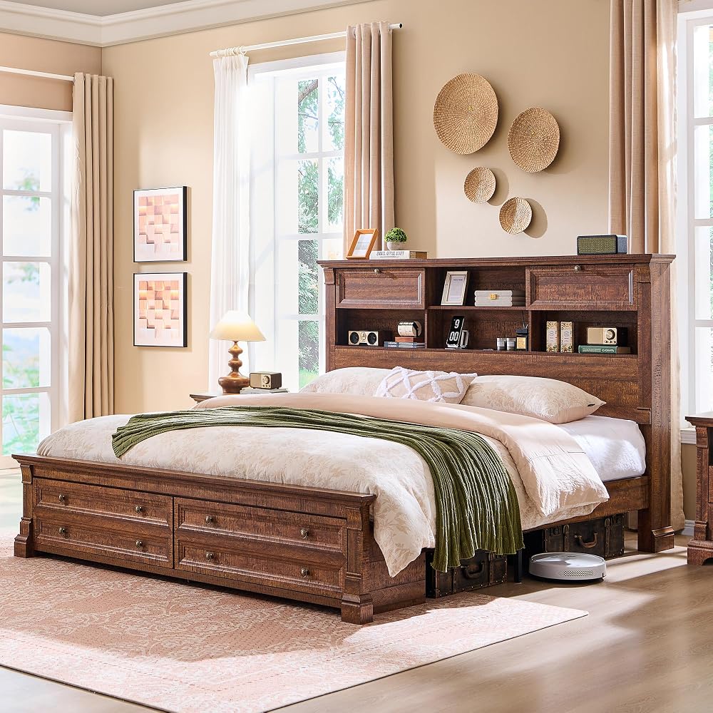 Farmhouse King Size Bed Frame with 54" Tall Headboard, Charging Station